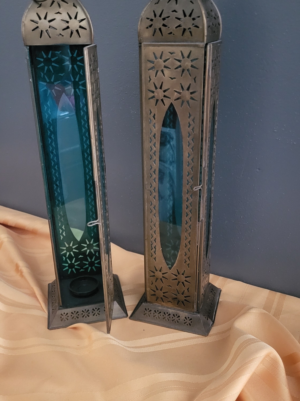 Decorative Brass Lanterns with Teal Glass Panels - Set of 2 - Picture 3 of 4